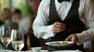 Waiter in formal attire presenting elegantly plated dish closeup image. Refined restaurant glasses tableware close up photography. Fine dining occupation concept photo realistic