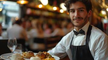Male waiter presenting exquisite dishes in lively restaurant portrait image. Man in bow tie and apron picture photorealistic photography. Fine dining occupation concept photo realistic