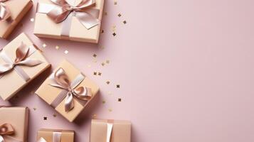 Gift boxes with bows and glitter frame banner background copy space. Holiday congratulations image backdrop empty. Festive decor border concept composition top view, copyspace photo