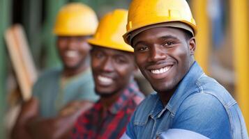 Smiling african american construction workers with yellow hard hats portrait image. Colleagues building site picture photorealistic. Skilled laborers occupation concept photo realistic