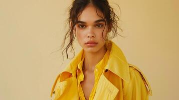 Bold and radiant in monochrome yellow fashion portrait image. Latina woman intense gaze, messy updo picture photorealistic photography. Fashionable model concept photo realistic