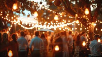 Glowing string lights illuminating garden party image. Warm lamps creating magical holiday atmosphere photography scene realistic. Outdoor gathering concept photorealistic photo