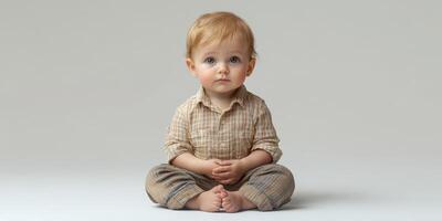 Young child sitting calmly on a light background, displaying a thoughtful expression in a serene indoor setting photo