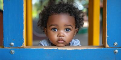 Baby with curly hair peers through playground structure during bright sunny day photo