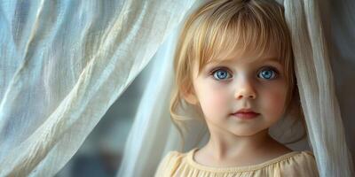 Portrait of a young child gazing thoughtfully through sheer curtains in soft natural light photo