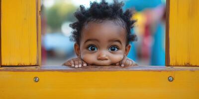 Curious baby playing at a colorful outdoor playground during a sunny day photo