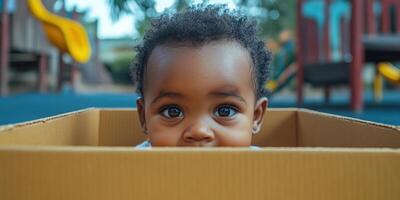 Baby enjoys playful moment in cardboard box at colorful playground during sunny afternoon photo
