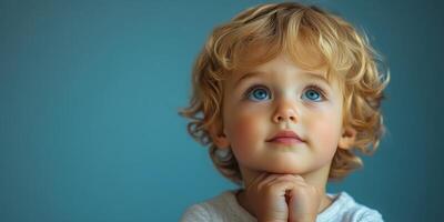 Child with curly hair gazing thoughtfully against a blue background in a warm indoor setting during the day photo