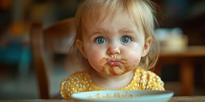 Child enjoys messy meal with a playful expression at a cozy dining table in a warm, inviting space during daytime photo