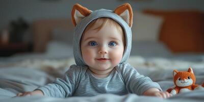 Baby in a cute animal hoodie smiles warmly at the viewer while surrounded by soft toys in a cozy indoor setting photo