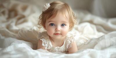 Cute baby with blue eyes wearing a lace outfit on a soft blanket, showcasing a moment of joy and innocence photo