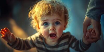 Child with curly hair reaching out for hand while expressing surprise in a dimly lit room during evening photo