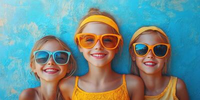 Kids wearing bright sunglasses are enjoying a sunny day against a colorful blue backdrop photo