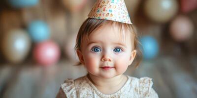 Baby celebrates birthday with playful decorations and a joyful expression in a festive setting photo