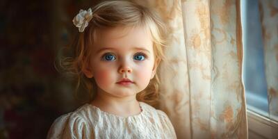 Young girl with bright blue eyes gazes thoughtfully by a window in a softly lit room photo