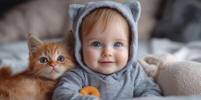Smiling baby wearing a gray hooded outfit cuddles with a fluffy orange kitten on a cozy bed photo