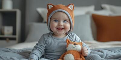 Baby wearing cute fox hat smiles while holding a fox toy in a cozy bedroom setting photo