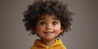 Smiling child with curly hair wears a yellow hoodie while expressing joy in a neutral background photo