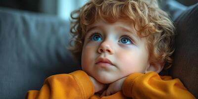 Curly-haired child gazes thoughtfully while resting hands on chin in cozy indoor setting photo