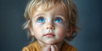 Curious child gazing upward with wonder while resting chin on hands indoors photo