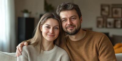 Couple enjoying cozy indoor moments in a stylish living room during a relaxed weekend afternoon photo