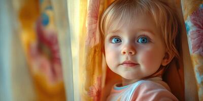 Baby with striking blue eyes gazes through colorful curtains in a softly lit room during the afternoon photo