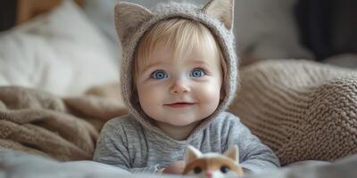 Baby with cat ears hat smiles while holding a toy in cozy indoor setting during daylight hours photo