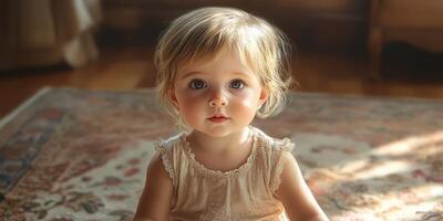 Young child with expressive eyes playing on a patterned rug in warm sunlight indoors at home photo