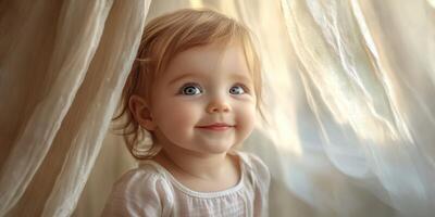 Smiling baby peeking out from behind sheer curtains in a softly lit room photo