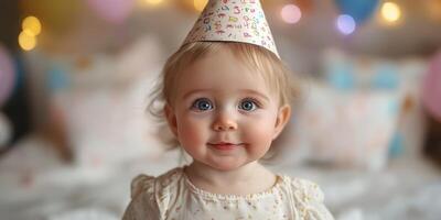 Cute baby celebrating birthday with a festive hat and cheerful expression in a decorated room photo