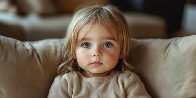 Portrait of a young child with blue eyes and blonde hair sitting on a couch in cozy indoor setting during daytime photo