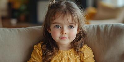 Young girl with beautiful eyes dressed in yellow sitting on a couch in a cozy living room during daytime photo