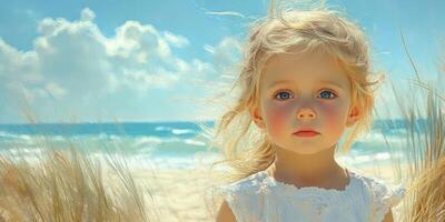 Beautiful child with blue eyes playing by the beach on a sunny day with soft waves in the background photo