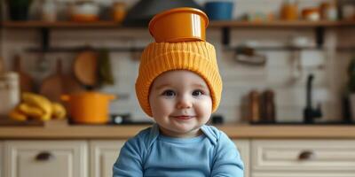 Happy baby wearing a bright orange hat while playing in a cozy kitchen setting with colorful cookware photo