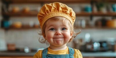 Joyful toddler wearing chef hat smiles in cozy kitchen during sunny afternoon photo