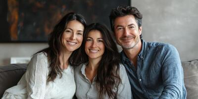 Three friends enjoying a joyful moment together indoors in a cozy living room during a sunny afternoon photo