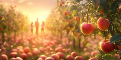 Harvesting apples at sunset in a picturesque orchard with family sharing joyful moments photo
