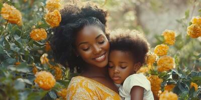 Mother and daughter enjoying a moment in a garden filled with vibrant yellow flowers during a sunny day photo