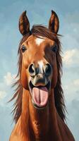 Majestic chestnut horse playfully sticking out its tongue against a bright blue sky photo