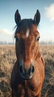 Majestic brown horse gazing curiously in a sunlit meadow during early morning hours photo