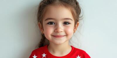 Smiling girl with brown hair wearing a red shirt against a plain background in a bright, cheerful setting photo