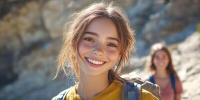 Smiling young girl enjoys hiking on a sunny day with friends at a scenic outdoor location photo