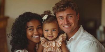 Family portrait featuring joyful parents and their smiling child in a cozy indoor setting photo