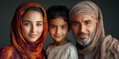 Family portrait showcasing three smiling individuals dressed in traditional attire with vibrant colors in a neutral backdrop photo