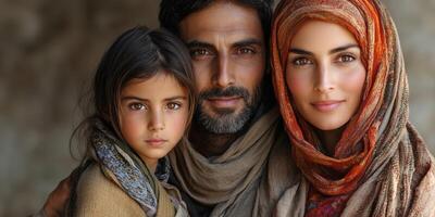 Family portrait featuring a father, mother, and daughter in traditional attire with serene expressions in a neutral background photo