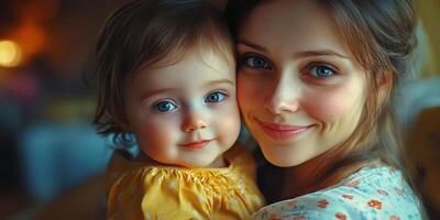 Joyful mother and child share a warm moment indoors during a cozy afternoon photo