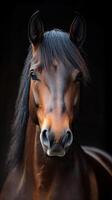 Close-up of a majestic brown horse with flowing mane against a dark background highlighting its strong features and expressive eyes photo