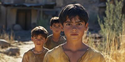 Children exploring abandoned village in broad daylight with desolate surroundings and warm sunlight illuminating their faces photo