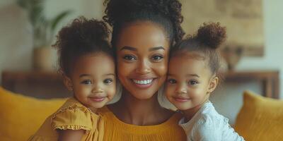 Mother and daughters share a joyful moment indoors, smiling and connecting in a warm, cozy setting photo
