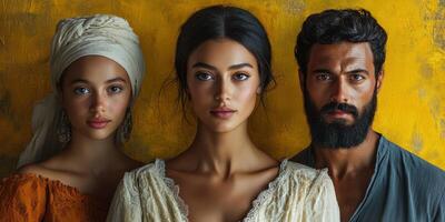 Three diverse individuals pose against a vibrant yellow backdrop showcasing unique styles and expressions photo